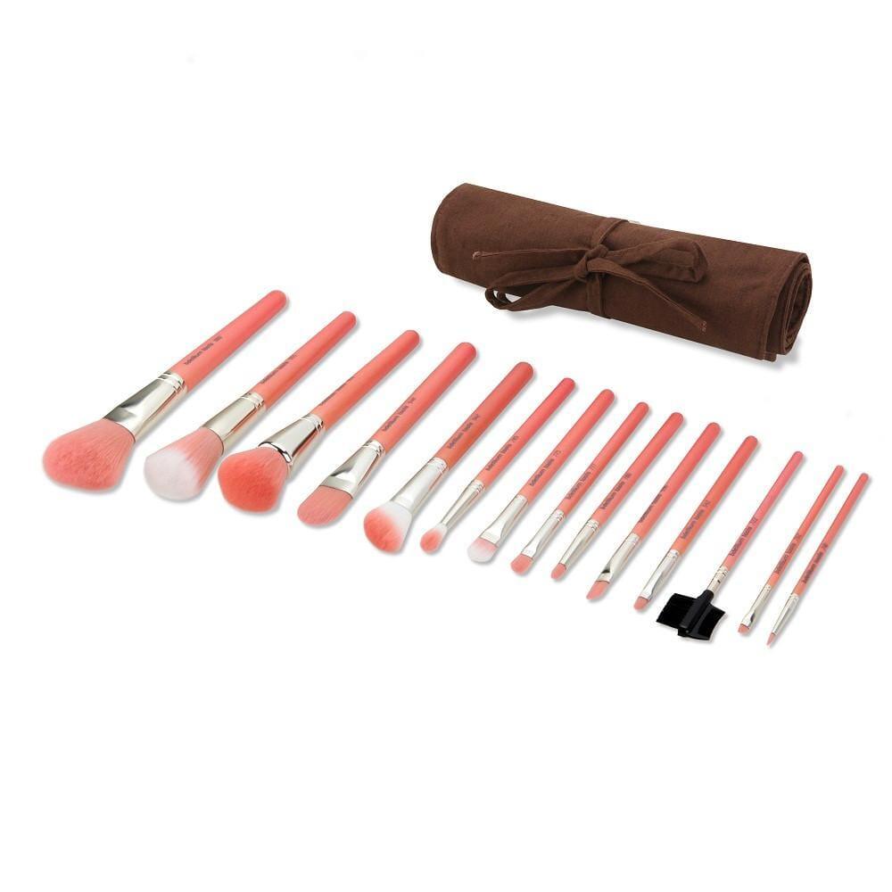 Pink Bambu Complete 14pc. Brush Set with Roll-up Pouch - Bdelliumtools